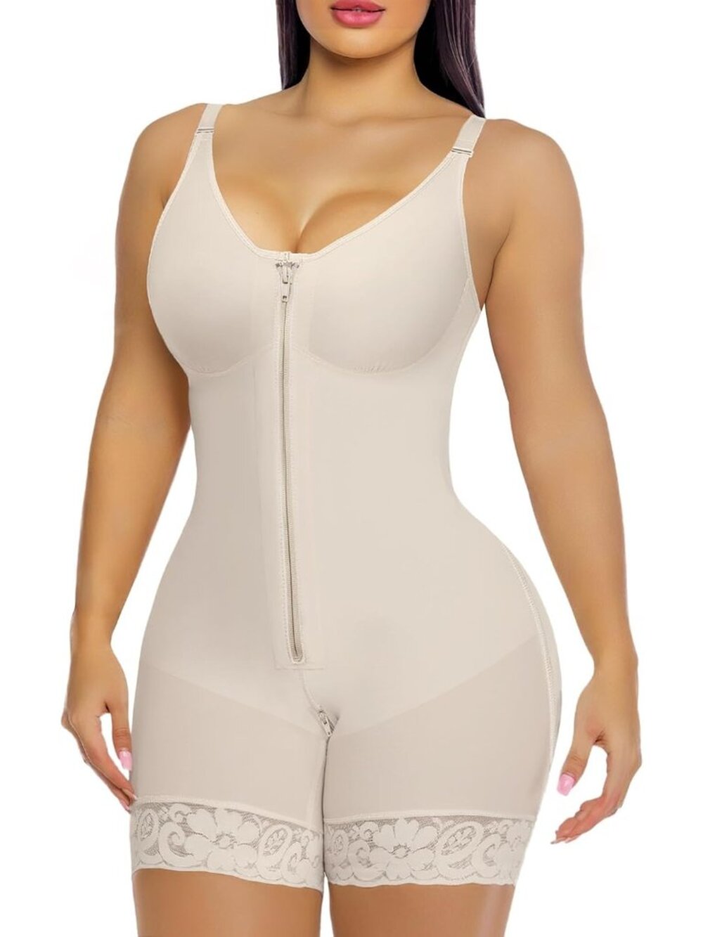 Yianna Women's Beige Zipper Crotch Tummy Control Butt Lifter Body Shapewear